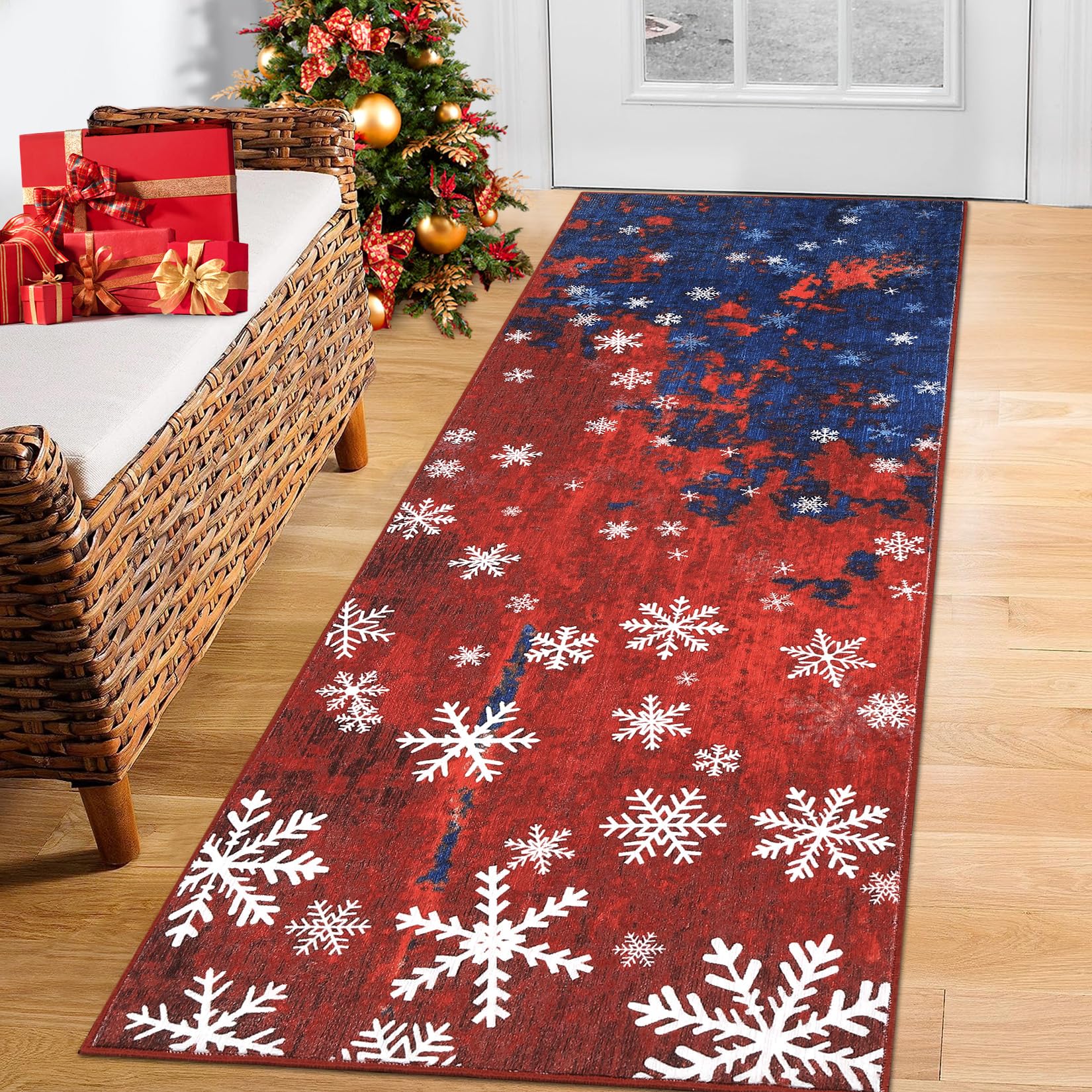 CAROMIO Christmas Hallway Runner Rug Holiday Decorative Xmas Snowflake Area Rug, Washable Stain Resistant Non-Slip Floor Cover Modern Abstract Entrance Carpet for Laundry Kitchen, 2' x 8'