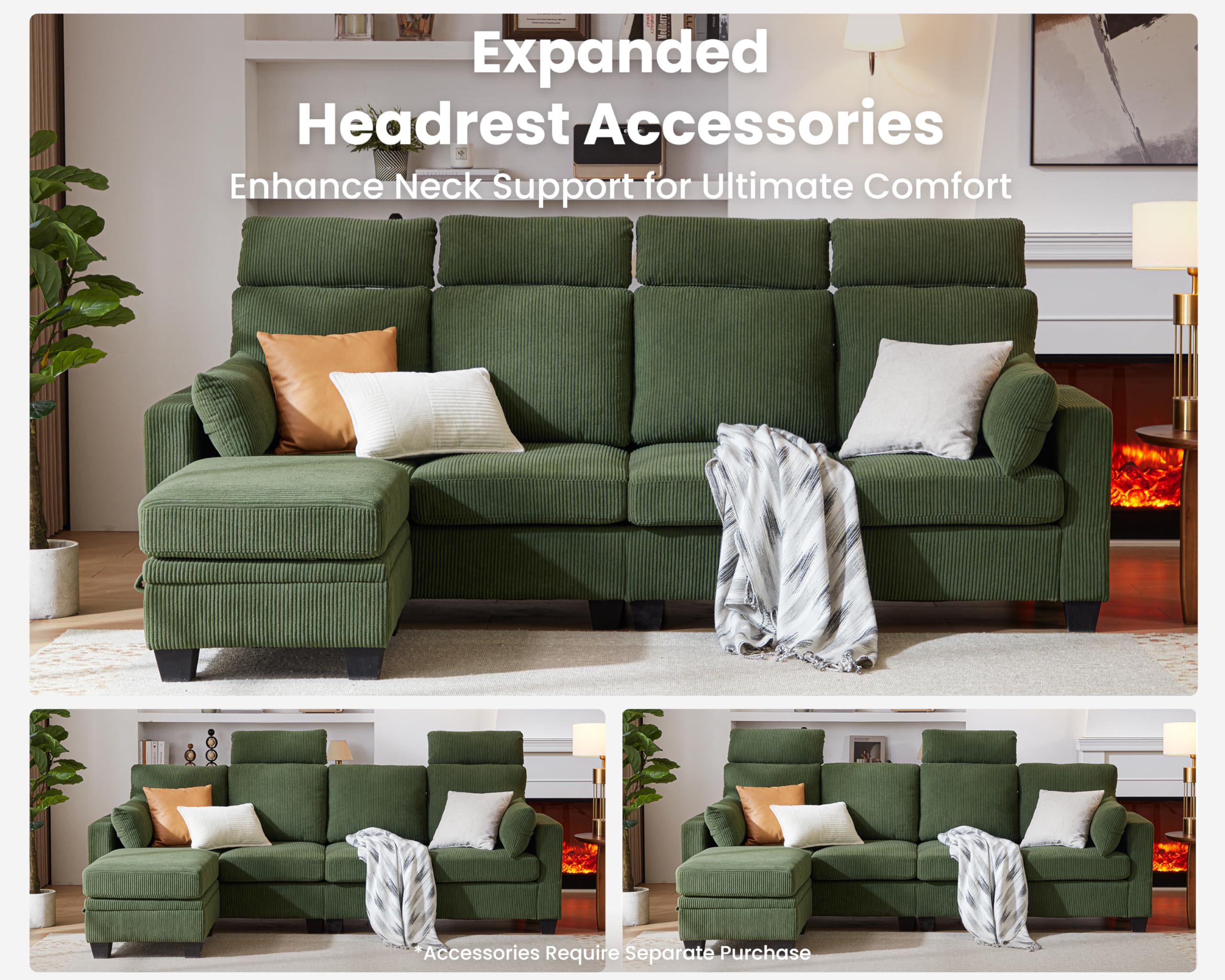 CHIC HOUSE Modular Sectional Sofa Corduroy Couch, Customizable U-Shaped Sofa with Storage Ottoman, Reversible Chaise for Living Room, Oversized L-Shaped Sofa Set (Green, 4 Seater Sectional)