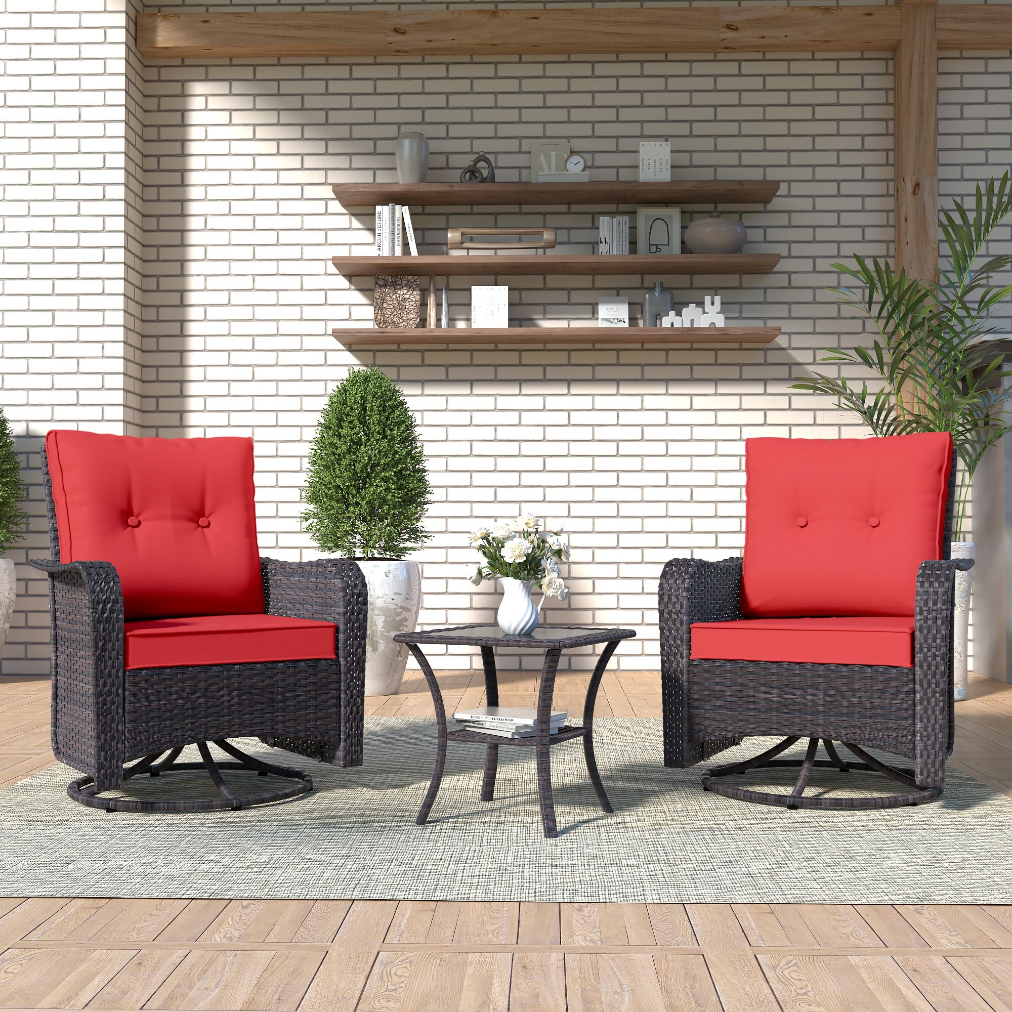 Kurapika 3 Pieces Patio Furniture Set Outdoor Swivel Gliders Rocker, Wicker Patio Bistro Set, Rattan Rocking Chair with Tempered Glass Side Table and Thickened Cushions (Red)