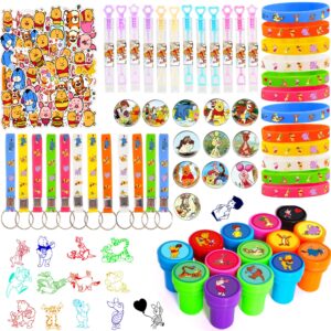 generic 124pcs bear baby shower party favor supplies, themed birthday decorations including 12 bracelets, 12 keychains, 12 button pins, 50 stickers, 14 stampers, 12 bubble wands and stickers, yellow