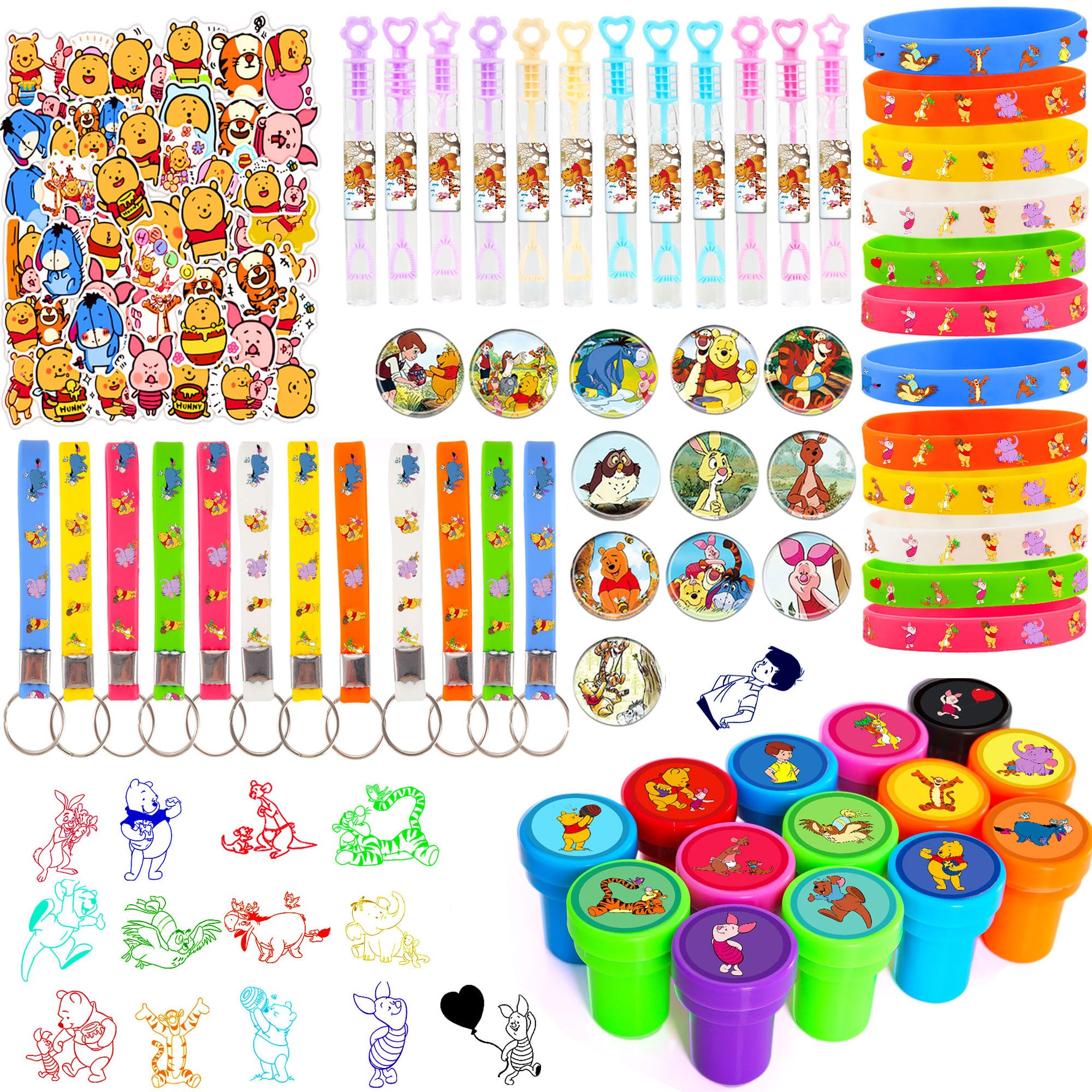 Generic 124PCS Bear Baby Shower Party Favor Supplies, Themed Birthday Decorations Including 12 Bracelets, 12 Keychains, 12 Button Pins, 50 Stickers, 14 Stampers, 12 Bubble Wands and Stickers, Yellow