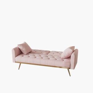 Verfur Velvet Upholstered Modern Convertible Futon Couch Folding Sofa Bed Recliner Lounge Loveseat Daybed Sofacama with Adjustable Backrest and Golden Legs for Small RV Living Room Office, Pink 68.3"