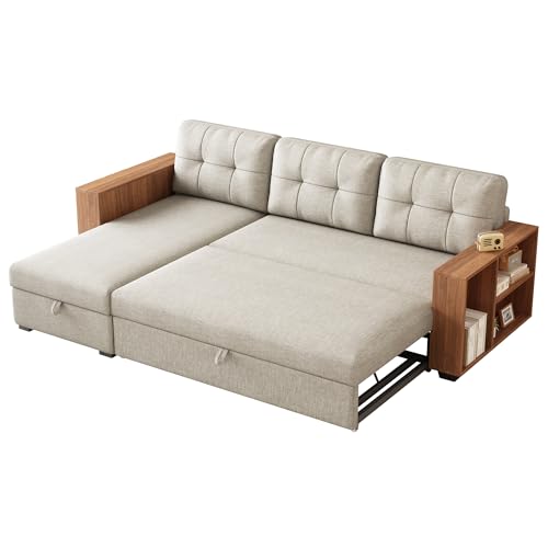 Acosure 84" Convertible L-Shape Pull Out Couch with Wooden Storage Chaise and Handrail,Sleeper Sectional Sofa Bed W/ 3 Movable Back Cushions,for Living Room,Office,Beige