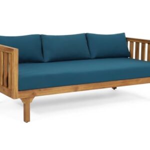 Merax Outdoor 3 Seater Daybed, Acacia Wood Day Bed Couch Sofa with Cushions for Patio Backyard, Garden, Blue