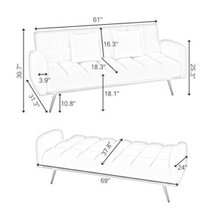 Verfur Teddy Fleece Upholstered Modern Convertible Futon Adjustable Folding Sofa Bed, Recliner Sleeper Loveseat Couch with Metal Golden Legs and Throw Pillows for Living Room, Office,Bedroom