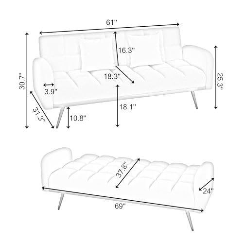 Verfur Teddy Fleece Upholstered Modern Convertible Futon Adjustable Folding Sofa Bed, Recliner Sleeper Loveseat Couch with Metal Golden Legs and Throw Pillows for Living Room, Office,Bedroom