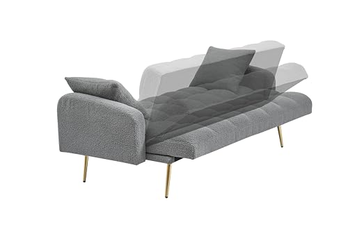 Verfur Teddy Fleece Upholstered Modern Convertible Futon Adjustable Folding Sofa Bed, Recliner Sleeper Loveseat Couch with Metal Golden Legs and Throw Pillows for Living Room, Office,Bedroom