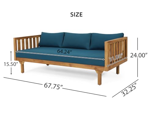 Merax Outdoor 3 Seater Daybed, Acacia Wood Day Bed Couch Sofa with Cushions for Patio Backyard, Garden, Blue