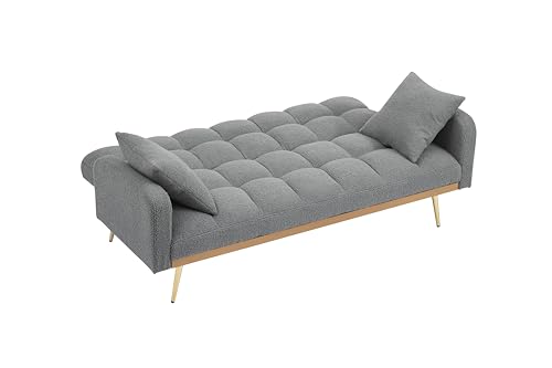 Verfur Teddy Fleece Upholstered Modern Convertible Futon Adjustable Folding Sofa Bed, Recliner Sleeper Loveseat Couch with Metal Golden Legs and Throw Pillows for Living Room, Office,Bedroom