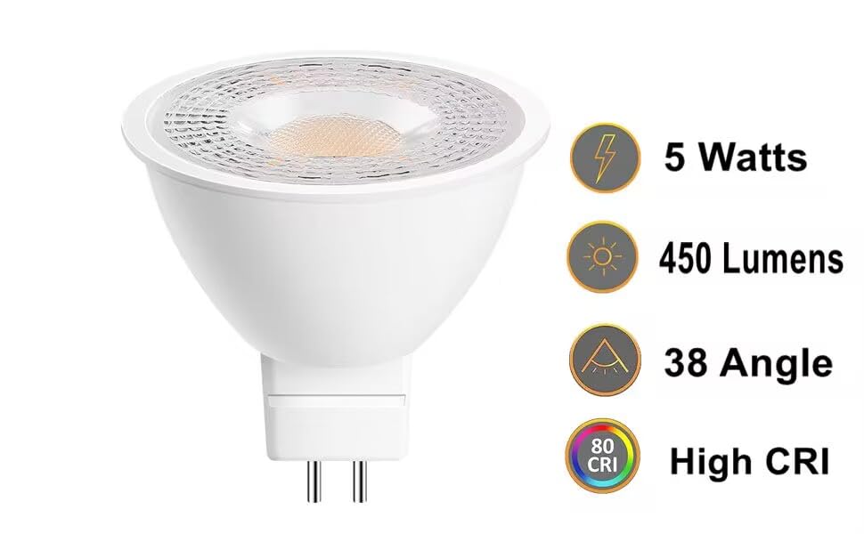 VVH 6 Pack MR16 LED Bulb,GU5.3 Bi-Pin Base LED Bulbs, 5W (50W Equivalent) 5000K Daylight 450LM 40 Degree Beam Angle for Spot Lights, Recessed, Tracking Lights, Outdoor Landscape 12-24V