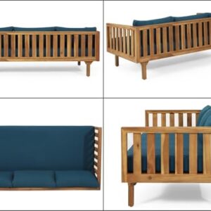 Merax Outdoor 3 Seater Daybed, Acacia Wood Day Bed Couch Sofa with Cushions for Patio Backyard, Garden, Blue