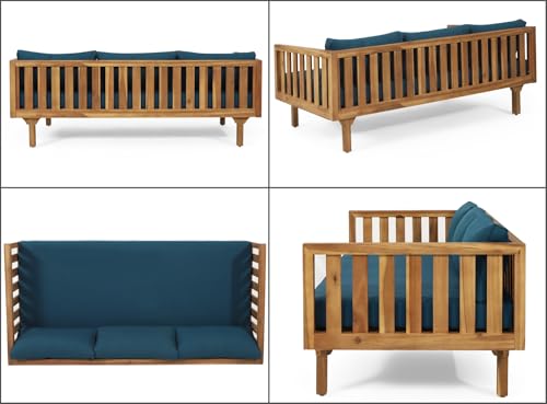 Merax Outdoor 3 Seater Daybed, Acacia Wood Day Bed Couch Sofa with Cushions for Patio Backyard, Garden, Blue