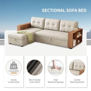 Acosure 84" Convertible L-Shape Pull Out Couch with Wooden Storage Chaise and Handrail,Sleeper Sectional Sofa Bed W/ 3 Movable Back Cushions,for Living Room,Office,Beige