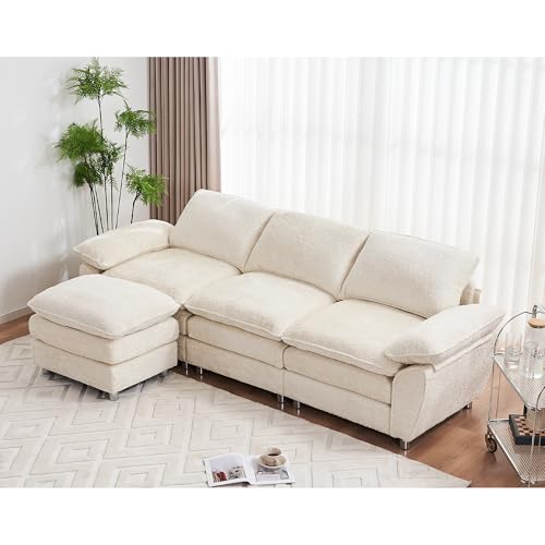 101.6" Small Modular sectional Sofa,Living Room Comfort Cloud Couch sectional, Modern Dark 3-Seater Cloud Sofa，Modular Sofa with Ottoman，Comfortable upholstered Furniture. for Apartment Office(White)