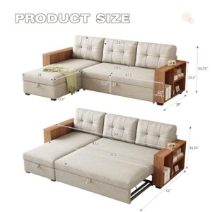 Acosure 84" Convertible L-Shape Pull Out Couch with Wooden Storage Chaise and Handrail,Sleeper Sectional Sofa Bed W/ 3 Movable Back Cushions,for Living Room,Office,Beige