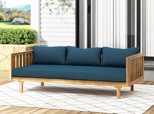 Merax Outdoor 3 Seater Daybed, Acacia Wood Day Bed Couch Sofa with Cushions for Patio Backyard, Garden, Blue