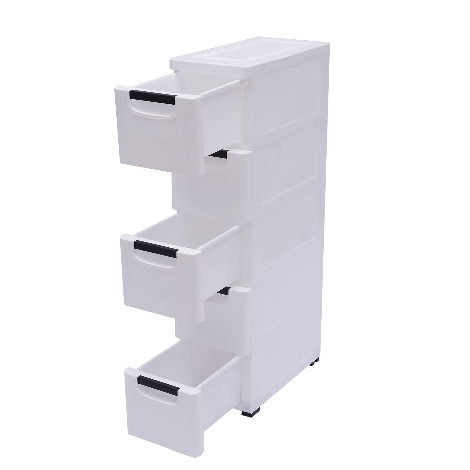 5 Drawers Narrow Slim Plastic Storage Cabinet,Storage Drawer with 4 Wheels,5 Tier Drawers Dresser,White