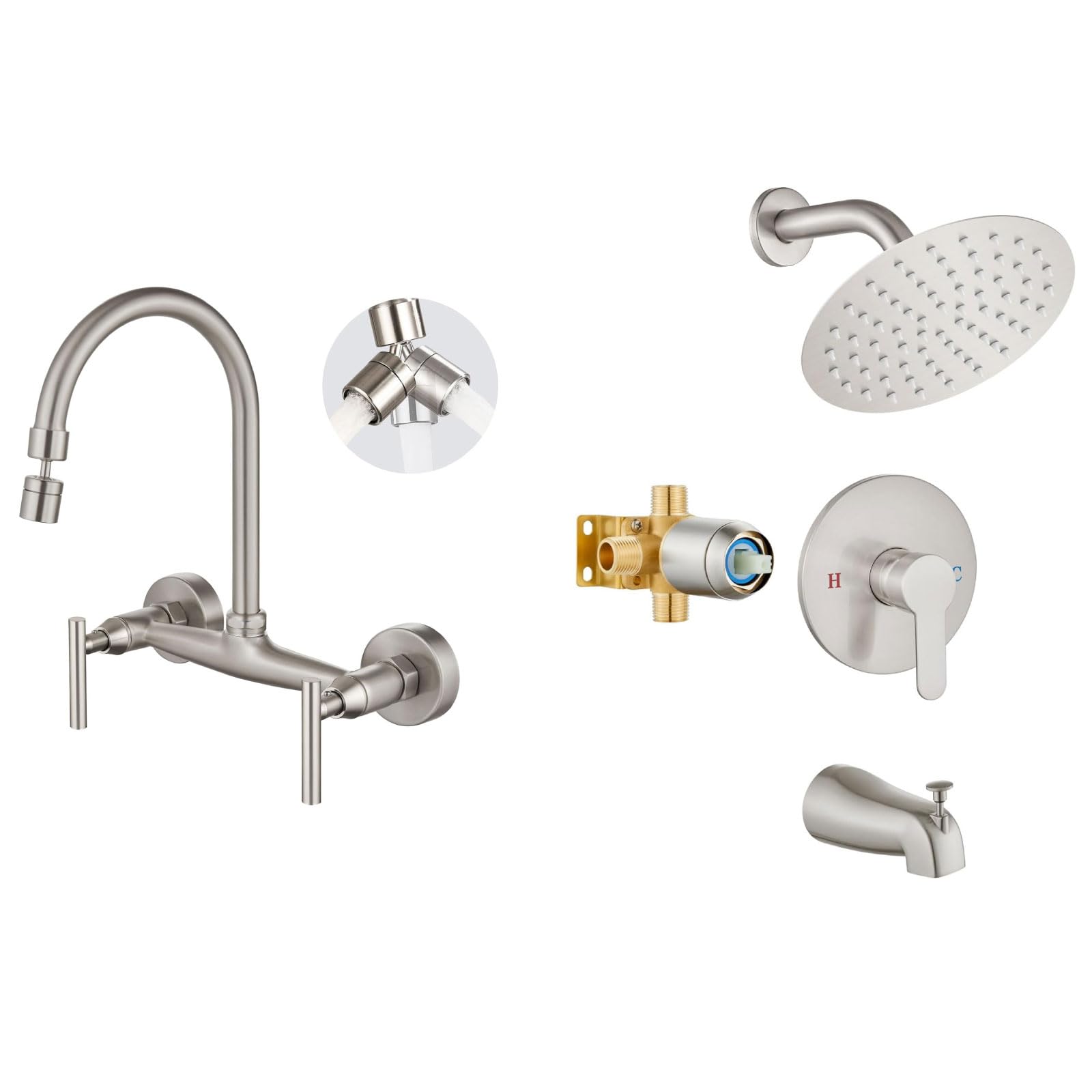 Airuida Wall Mount Kitchen Sink Faucet with Sprayer Brushed Nickel Wall Mounted Kitchen Faucet Shower Faucet Set with 8 Inch Rainfall Round Showerhead and Tub Spout Bathtub Faucet Kit Shower Tub Fauce