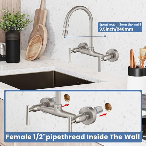 Airuida Wall Mount Kitchen Sink Faucet with Sprayer Brushed Nickel Wall Mounted Kitchen Faucet 8 Inch Center Bowl Vessel Sink Faucet Single Handle Single Hole Bathroom Sink Faucet Lavatory Vanity Bath