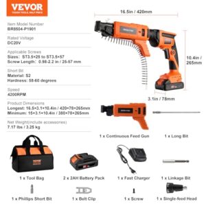 VEVOR Drywall Screw Gun Auto-Feed, 20V Max Collated Drywall Screwgun, 4200RPM Brushless Cordless Drywall Gun Kit with 2 Battery Packs, Belt Clip, Charger, Tool Bag, Screw Length and Depth Adjustable