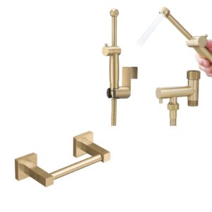 bathlavish all brass 360° bidet sprayer set for toilets, wall or toilet mount bundle with gold toilet paper holder, brushed gold bathroom toilet roll holder