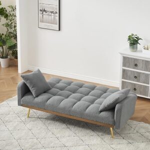 Verfur Teddy Fleece Upholstered Modern Convertible Futon Adjustable Folding Sofa Bed, Recliner Sleeper Loveseat Couch with Metal Golden Legs and Throw Pillows for Living Room, Office,Bedroom