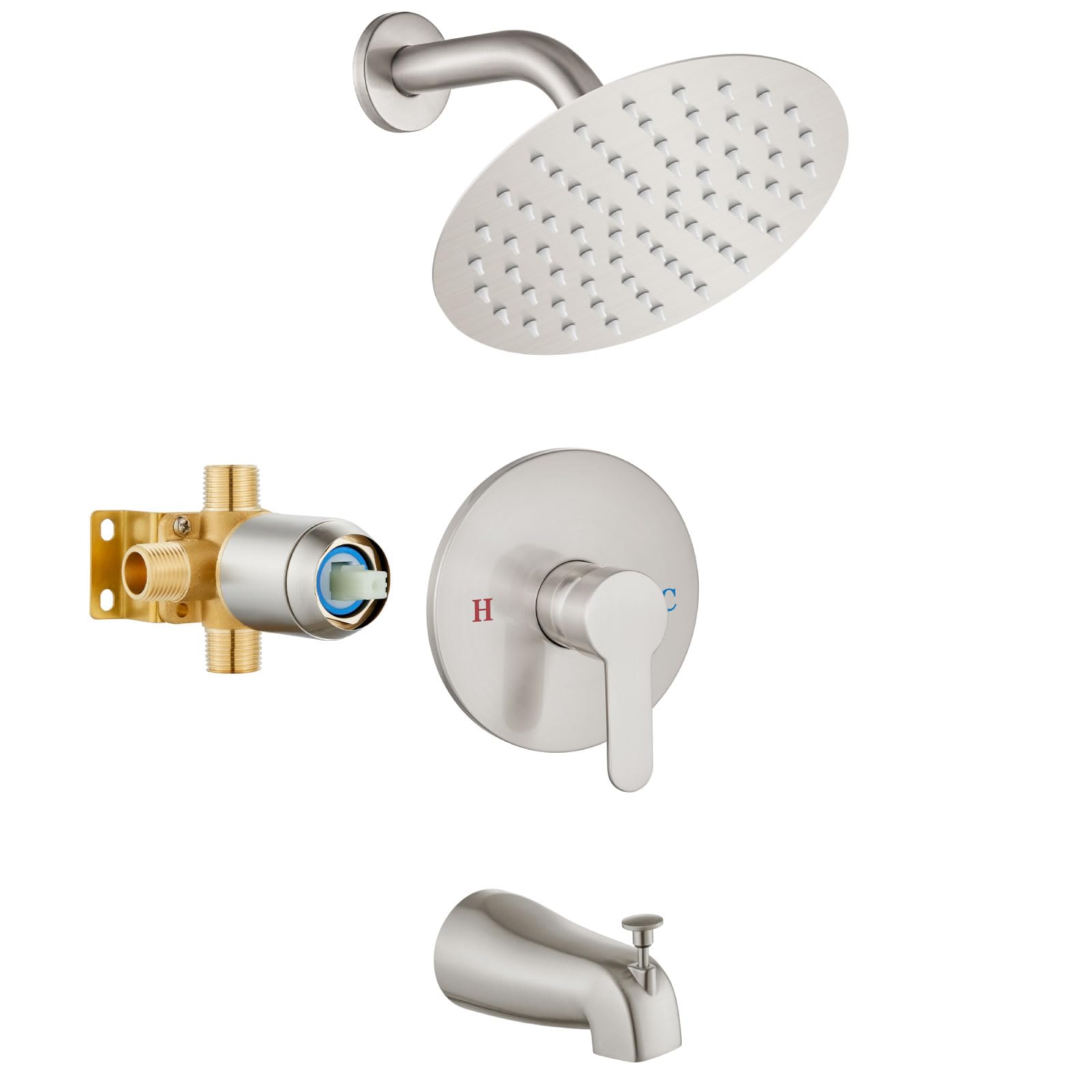 Airuida Wall Mount Kitchen Sink Faucet with Sprayer Brushed Nickel Wall Mounted Kitchen Faucet Shower Faucet Set with 8 Inch Rainfall Round Showerhead and Tub Spout Bathtub Faucet Kit Shower Tub Fauce