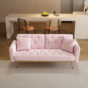 verfur velvet upholstered modern convertible futon couch folding sofa bed recliner lounge loveseat daybed sofacama with adjustable backrest and golden legs for small rv living room office, pink 68.3"