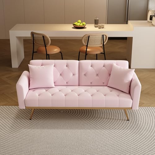 Verfur Velvet Upholstered Modern Convertible Futon Couch Folding Sofa Bed Recliner Lounge Loveseat Daybed Sofacama with Adjustable Backrest and Golden Legs for Small RV Living Room Office, Pink 68.3"