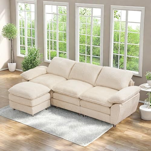 101.6" Small Modular sectional Sofa,Living Room Comfort Cloud Couch sectional, Modern Dark 3-Seater Cloud Sofa，Modular Sofa with Ottoman，Comfortable upholstered Furniture. for Apartment Office(White)