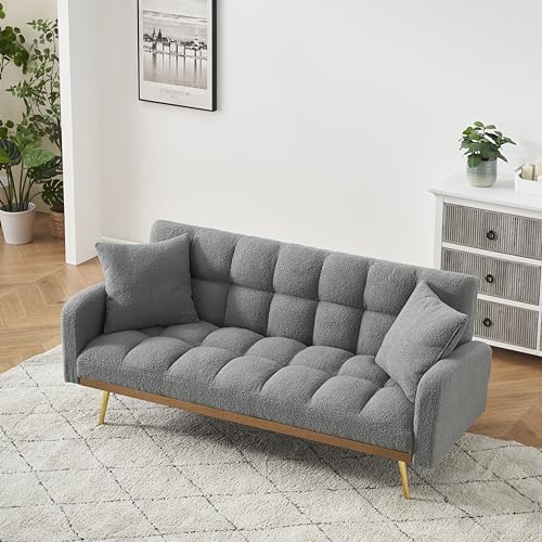 Verfur Teddy Fleece Upholstered Modern Convertible Futon Adjustable Folding Sofa Bed, Recliner Sleeper Loveseat Couch with Metal Golden Legs and Throw Pillows for Living Room, Office,Bedroom