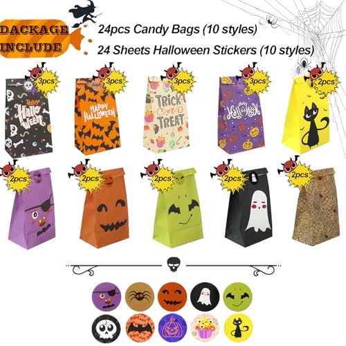 Halloween Candy Bags Party Favors - 24pcs Halloween Trick or Treat Goody Bag Gift Treat Bags with 24 Pcs Halloween Stickers, Halloween Bags Party Supplies Small Gift Bags for Kids Girls Child Boys