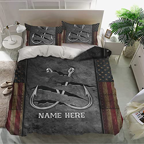 OhaPrints Personalized Fishing Duvet Cover, Crack Fishing Hook American Flag Bedding Set & Pillowcases, Custom Name Soft Lightweight Twin Full Queen King Comforter Cover Bed Set Gift for Fisherman