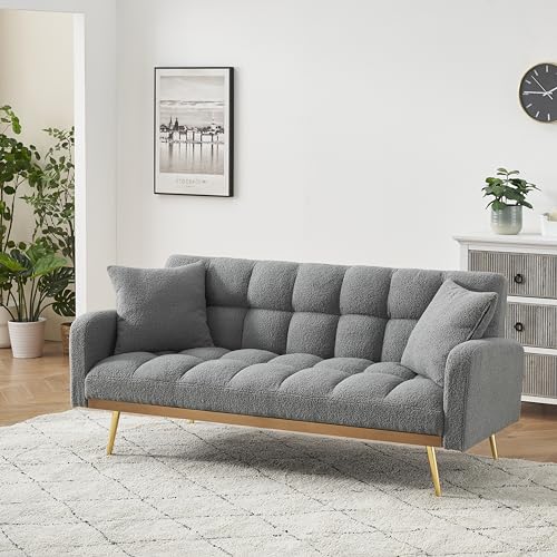 Verfur Teddy Fleece Upholstered Modern Convertible Futon Adjustable Folding Sofa Bed, Recliner Sleeper Loveseat Couch with Metal Golden Legs and Throw Pillows for Living Room, Office,Bedroom