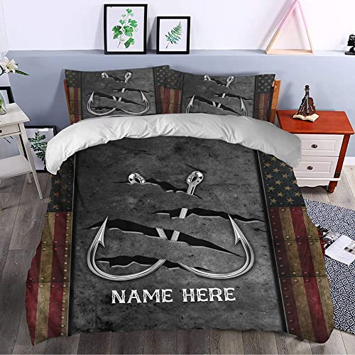 OhaPrints Personalized Fishing Duvet Cover, Crack Fishing Hook American Flag Bedding Set & Pillowcases, Custom Name Soft Lightweight Twin Full Queen King Comforter Cover Bed Set Gift for Fisherman