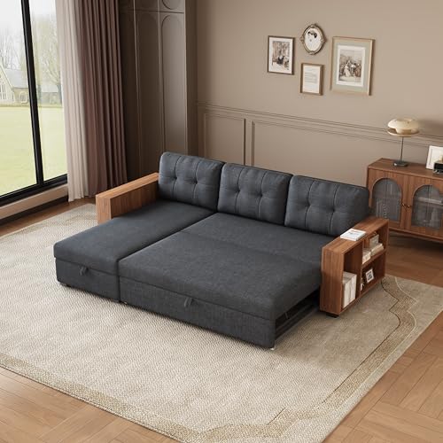 Acosure 84" Convertible L-Shape Pull Out Couch with Wooden Storage Chaise and Handrail,Sleeper Sectional Sofa Bed W/ 3 Movable Back Cushions,for Living Room,Office,Dark Grey