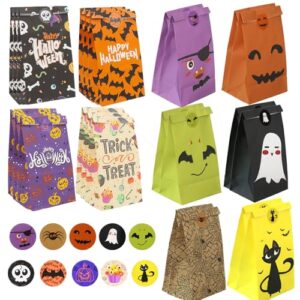 halloween candy bags party favors - 24pcs halloween trick or treat goody bag gift treat bags with 24 pcs halloween stickers, halloween bags party supplies small gift bags for kids girls child boys