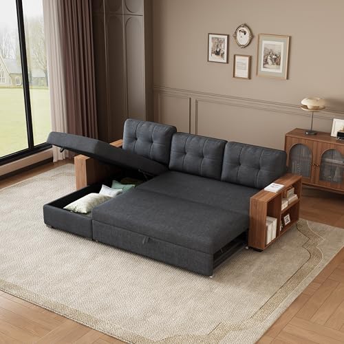 Acosure 84" Convertible L-Shape Pull Out Couch with Wooden Storage Chaise and Handrail,Sleeper Sectional Sofa Bed W/ 3 Movable Back Cushions,for Living Room,Office,Dark Grey