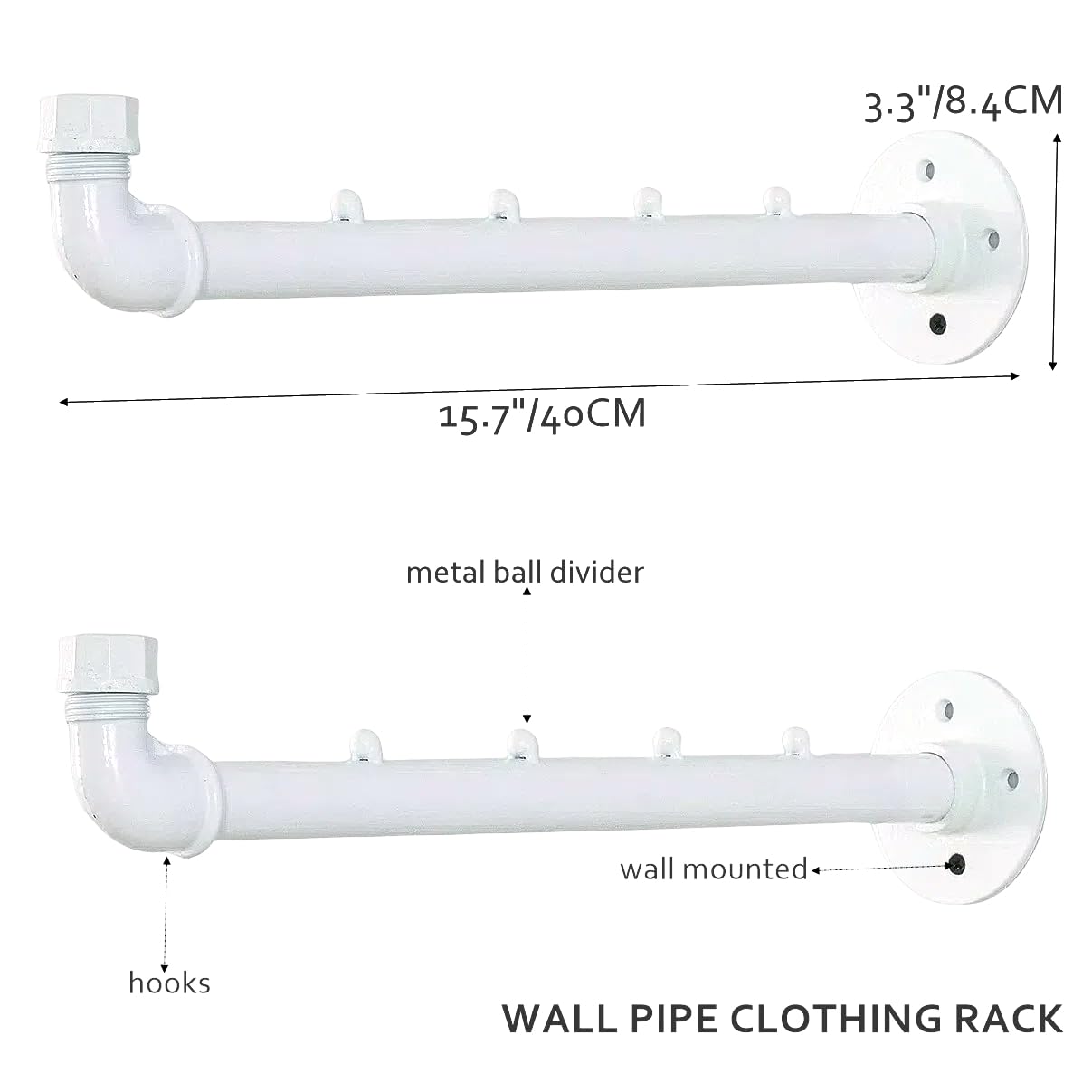 Industrial Wall Pipe Clothing Racks - Heavy Duty Metal Clothes Hanger with Hook, Wall-Mounted Garment Holder Racks,Wall Clothing Bar/Coat Hanging Rail/Hanging Rod for Closet Storage, 2 Pack, White