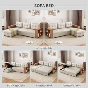 Acosure 84" Convertible L-Shape Pull Out Couch with Wooden Storage Chaise and Handrail,Sleeper Sectional Sofa Bed W/ 3 Movable Back Cushions,for Living Room,Office,Beige