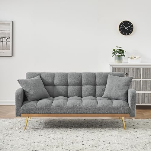 Verfur Teddy Fleece Upholstered Modern Convertible Futon Adjustable Folding Sofa Bed, Recliner Sleeper Loveseat Couch with Metal Golden Legs and Throw Pillows for Living Room, Office,Bedroom