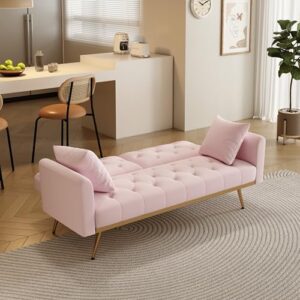 Verfur Velvet Upholstered Modern Convertible Futon Couch Folding Sofa Bed Recliner Lounge Loveseat Daybed Sofacama with Adjustable Backrest and Golden Legs for Small RV Living Room Office, Pink 68.3"