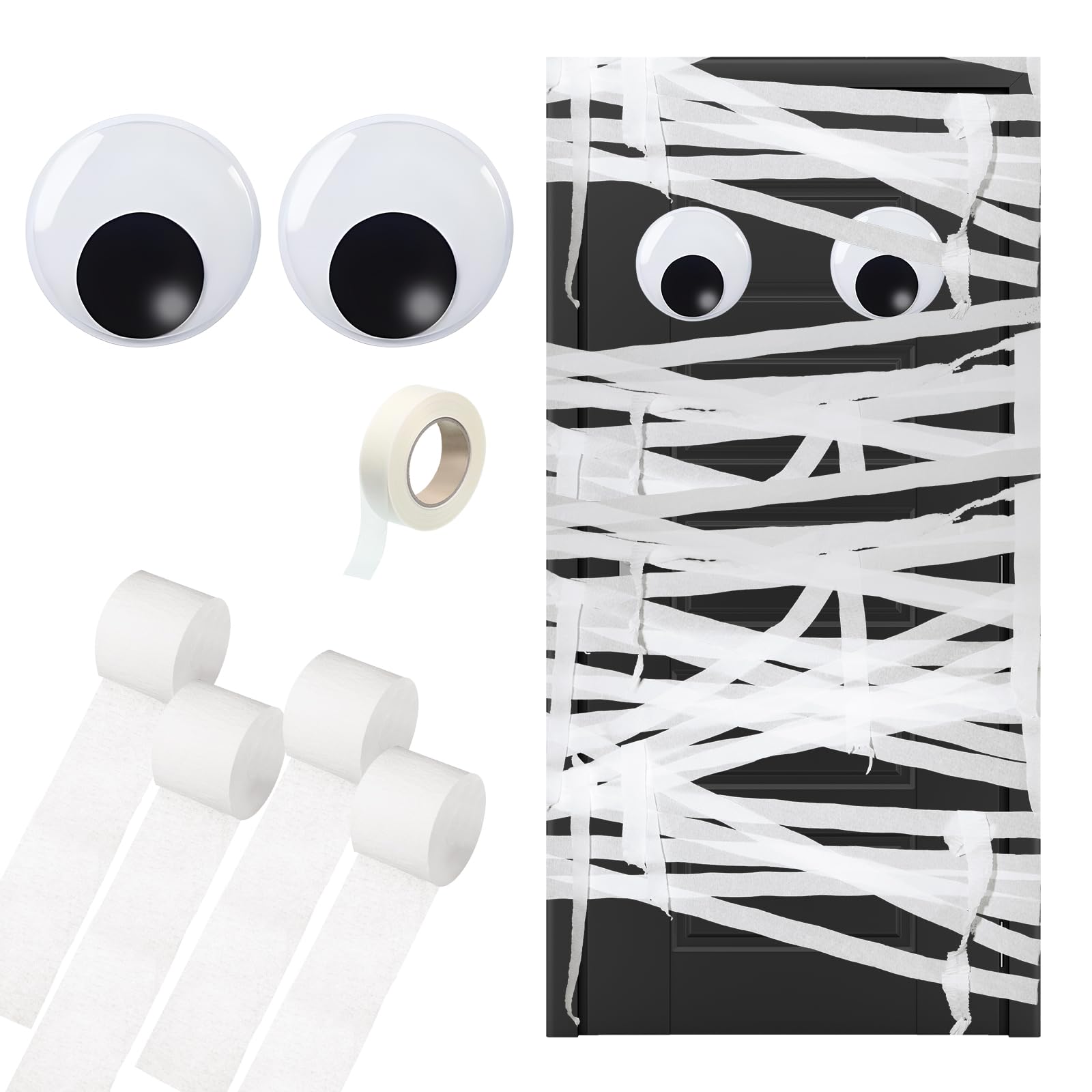 WinnerWhy Halloween Mummy Decorating Kit with Large Googly Eyes Crepe Paper Streamers and Masking Tape for Halloween Party Door DIY Decor