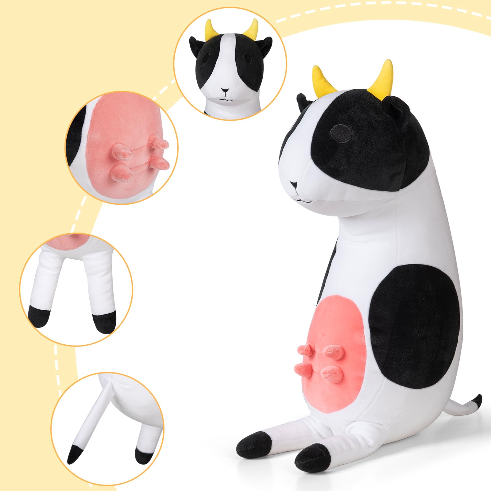 Kawaii Long Milk Cow Stuffed Animal, Large Soft Cuddle Cow Plush Body Pillow, Cute Stuffed Cow Plushies Toy Birthday Gifts for Kids Girls Women, and Males - 24"