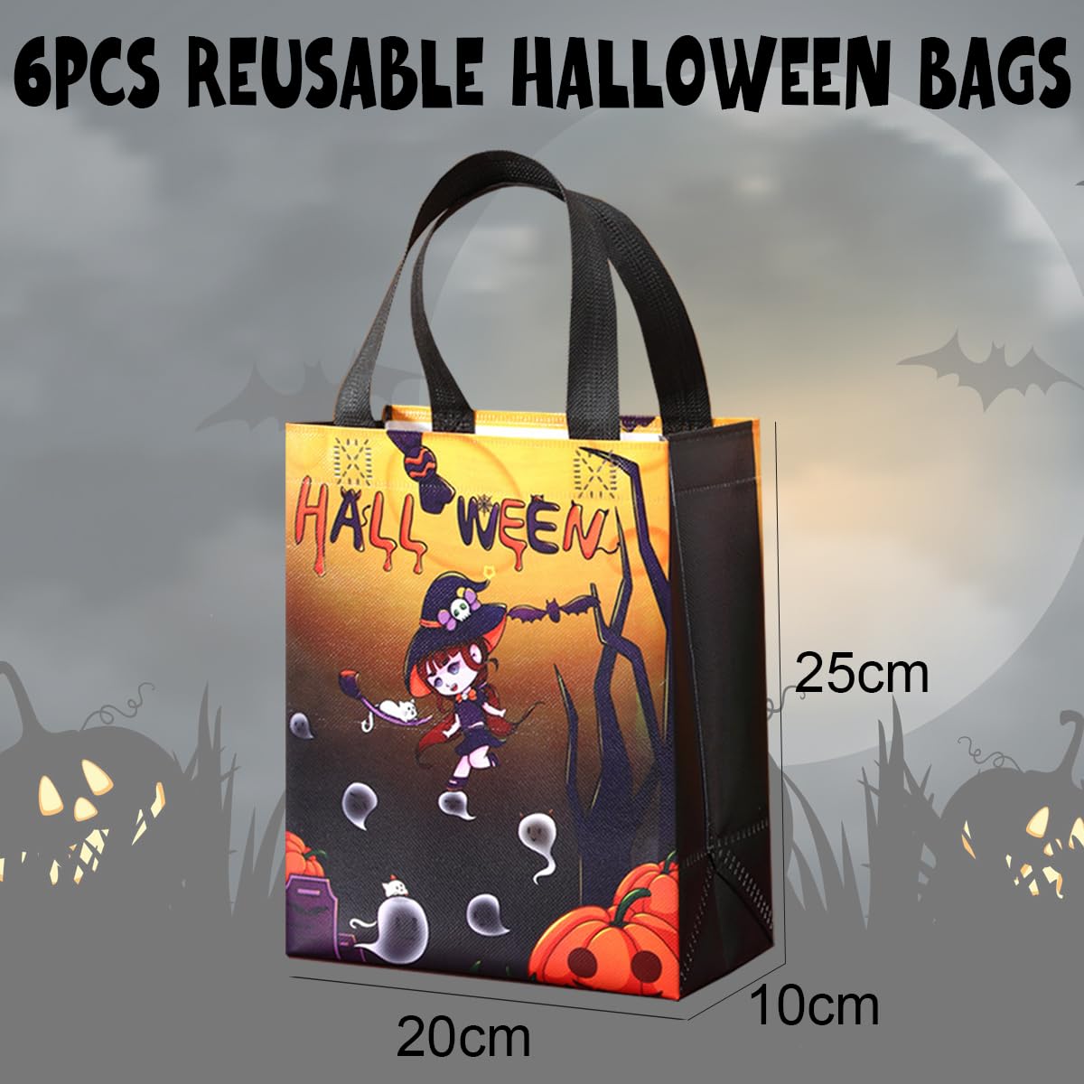 ZJHiome Halloween Trick or Treat Bags,6Pcs Halloween Bags with Handles,Non-Woven Reusable Tote Candy Bags for Halloween Party Supplies