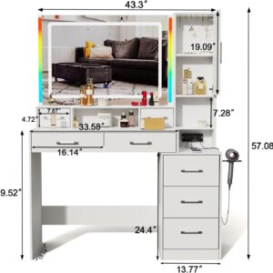 Hiwelldas Vanity Desk with Mirror and Lights, 43.3'' Large Makeup Vanity Table with Ambient Light 3 Lighting Modes Brightness Adjustable, Dressing Table with with Charging Station,7 Drawers