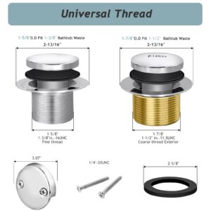 Tip-Toe Bathtub Drain Kit with Two-Hole Overflow Plate, Premium Quality Bath Tub Drain Replacement, Universal Fine/Coarse Thread Bathtub Stopper (Brushed Nickel)