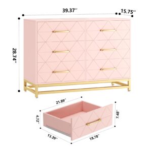 GarveeHome Dresser for Bedroom with 6 Drawer Double Dressers, Modern Wooden Dresser Chest, Beside Table for Closet, Nursery, Living Room, Pink