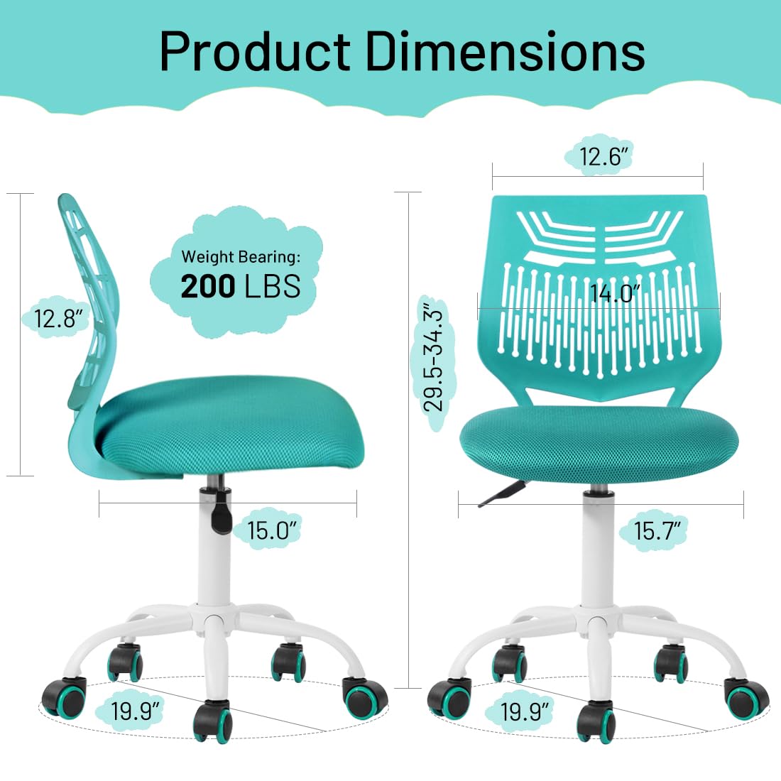 FurnitureR Kids Desk Chair, Student Study Computer Task Chair Armless Cute Rolling Swivel Adjustable with Mesh Soft Cushion Plastic Low Back, Aqua