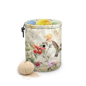 ljmkzjn flower hummingbirds print mini crochet bag organizer, drawstring yarn storage bags yarn for crocheting on the go, beginners knitting bag yarn holder yarn bowl with holes